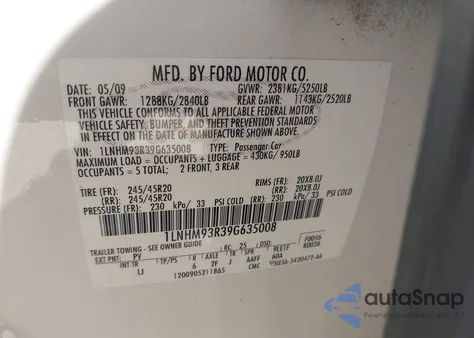 2009 Lincoln Mks from USA, damaged, VIN 1LNHM93R39G635008